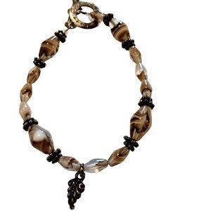 Bead Retreat Swirled Glass Bead Bracelet Brown White Leaf Charm